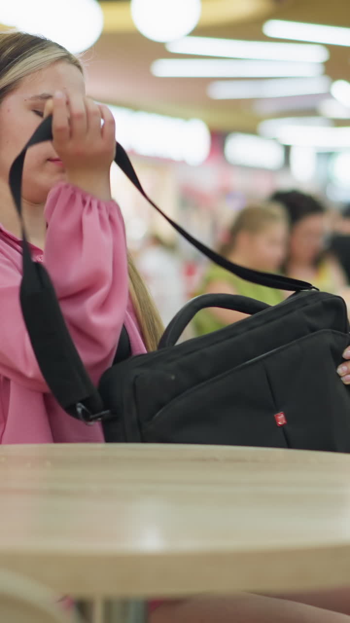 분홍색 셔츠 에 검은색 을 입은 여자가 레스토랑에 앉아서 검은색 가방을 열고 다른 식당이 배경에서 흐릿해지면서 레스토랑은 배경에 있는 사람들과 잘 조명되어 있습니다.