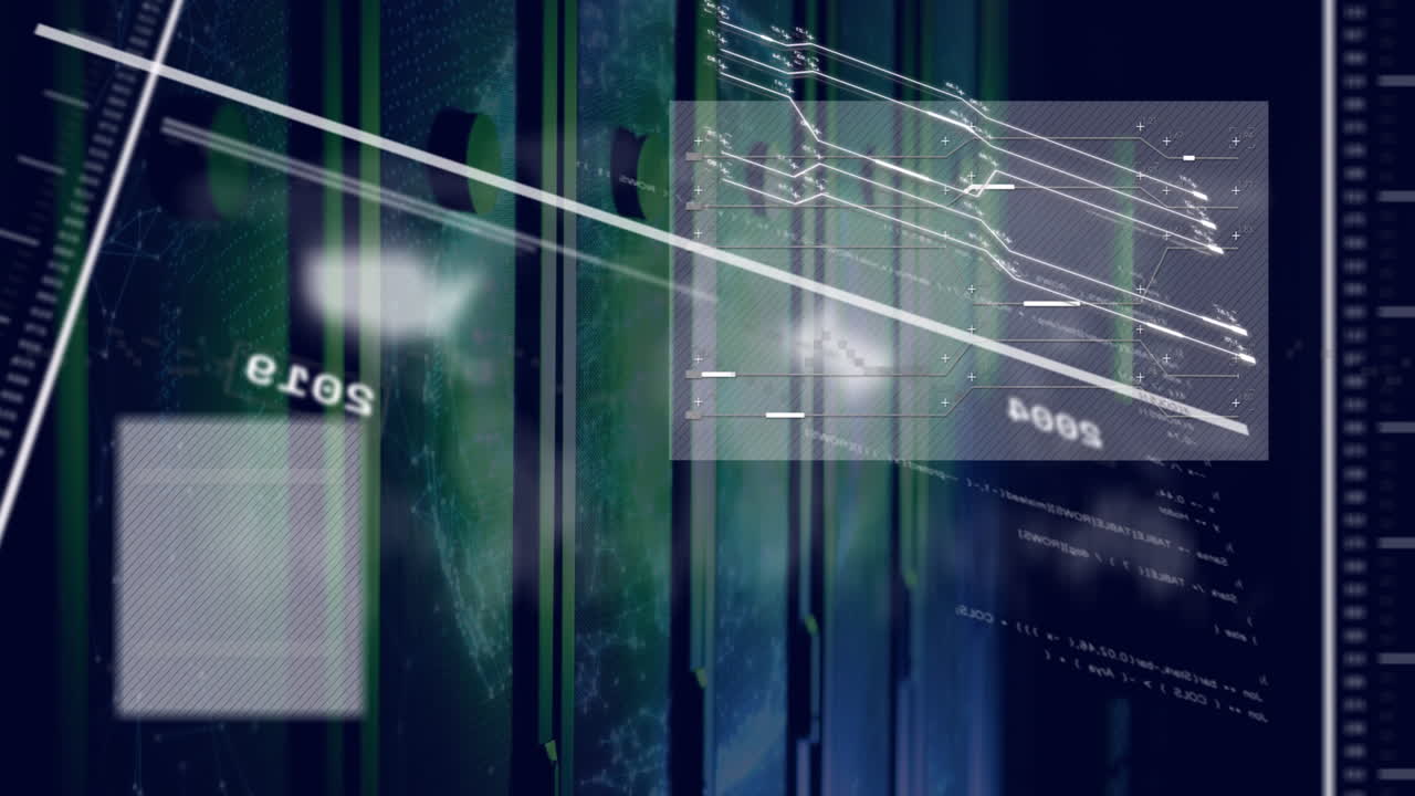 Digital animation of data streams and graphs overlaying abstract technological background