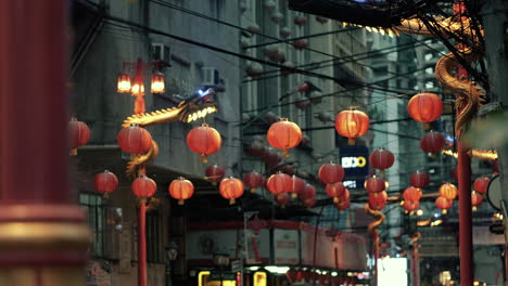 vibrant night street with chinese lanterns and dragon decorations