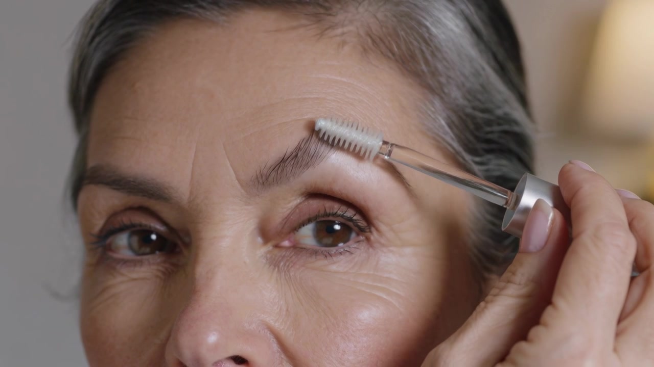 Starting with spoolie near brow, senior woman grooming right eyebrow at vanity smoothing product