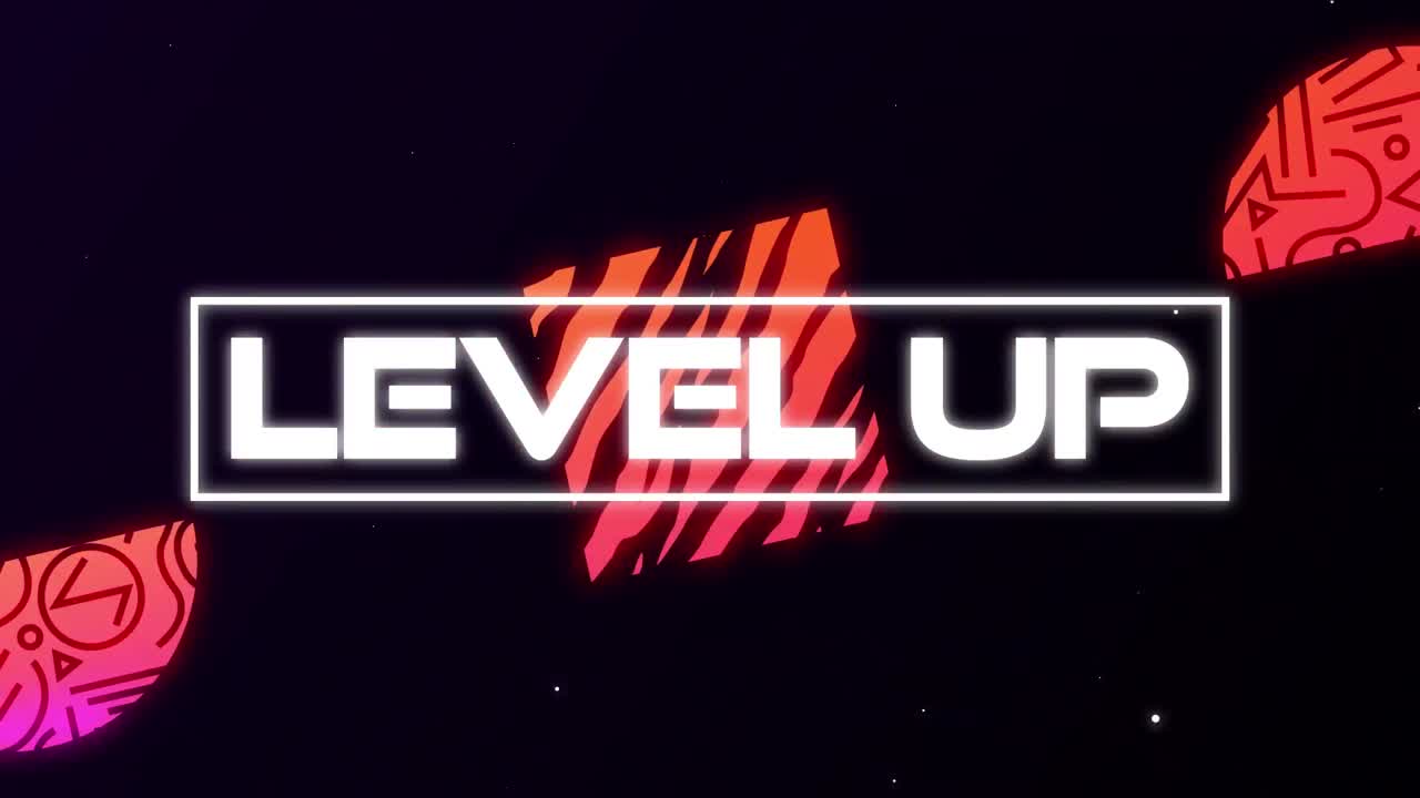 Animation vintage video game screen with words level up written