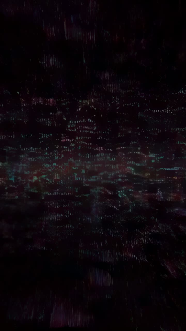 Vertical video: Opening red cyan pixels shifting downward in digital void, with falling data rain