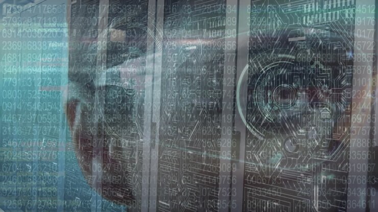 Animation of data processing and caucasian woman over server room