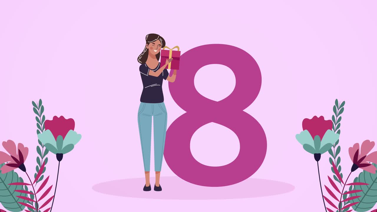 feliz tarjeta de día de la mujer con la chica y el número ocho