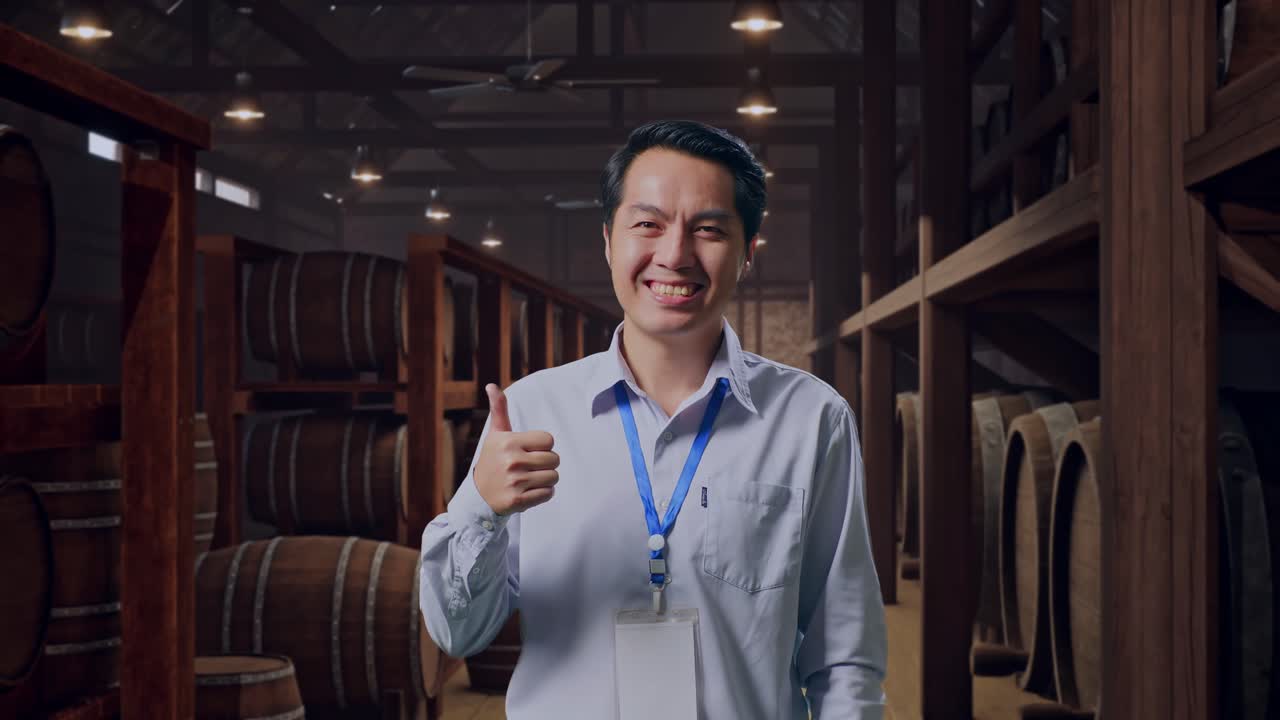 Shot Captures Of An Asian Male Professional Worker Standing In Cellar Of Winery, His Broad Smile At The Camera And Thumbs Up