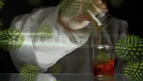 scientist pouring chemicals in beaker