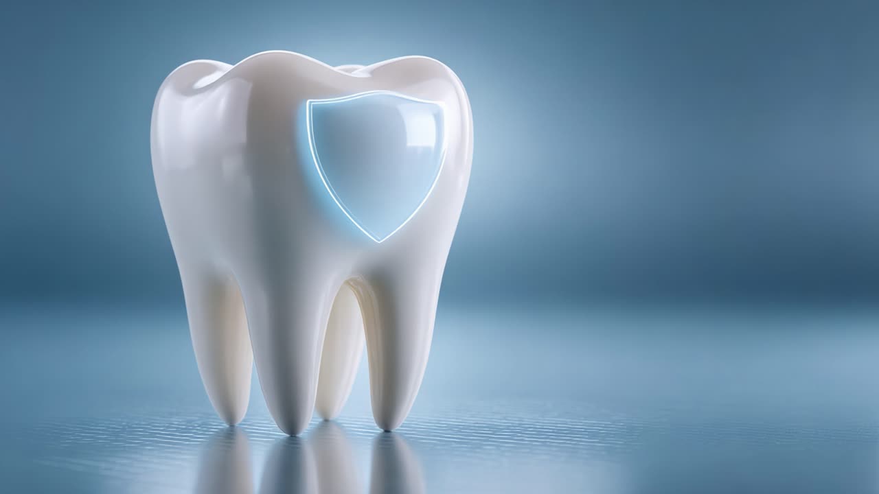 A Symbol of Dental Health and Protection: A Futuristic Tooth Design with a Shield Emblem Emphasizing Oral Hygiene and Preventive Care Concepts