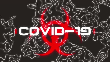 animación del texto de covid 19 sobre el signo de advertencia en fondo negro