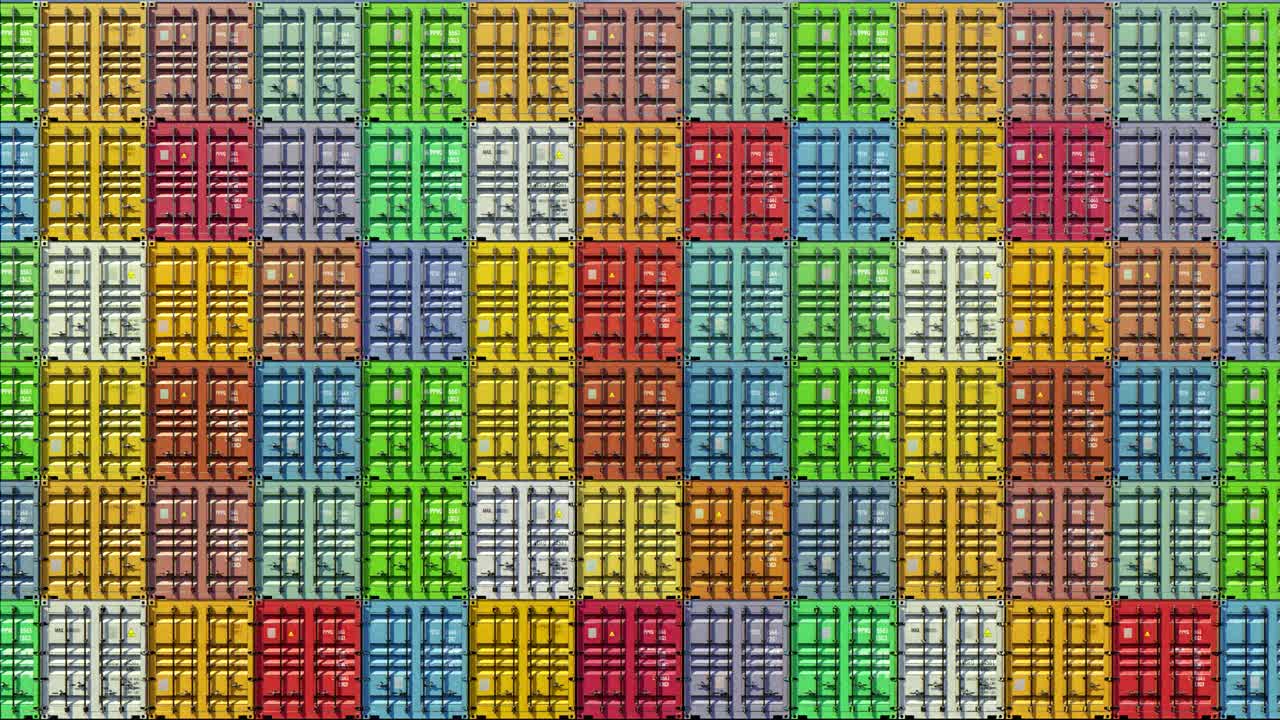 Stack of containers in a harbor, shipping at dockyard, logistic import and export, in colorful bright color, seamless loop, front wall view