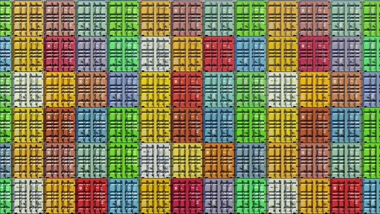 Stabel af containere i en havn, skibsfart ved kajen, logistik import og eksport, i farverige lyse farver, sømløst loop, set forfra