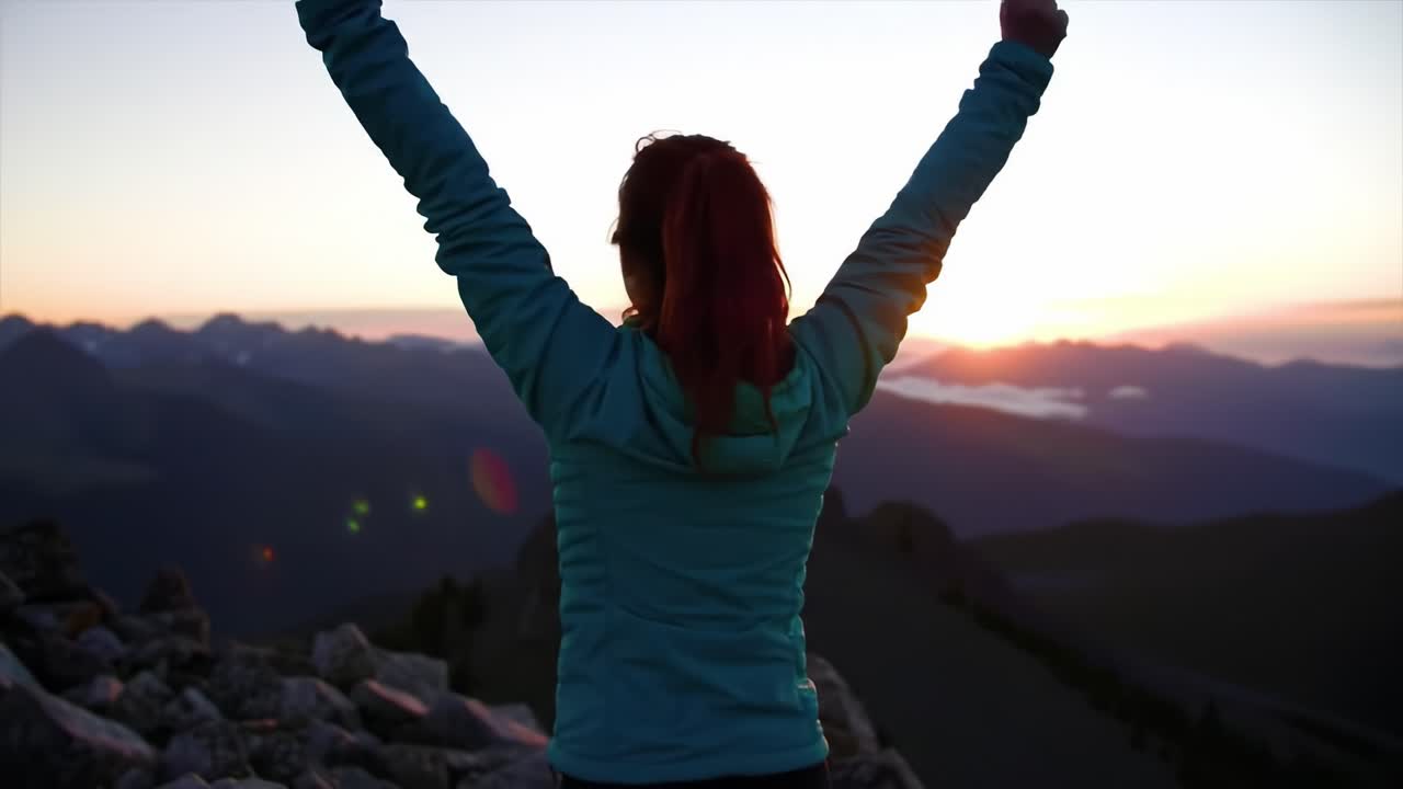 A triumphant moment captured at sunrise, as an individual stands on a mountain peak with arms raised in celebration, embracing the beauty of nature and achievement