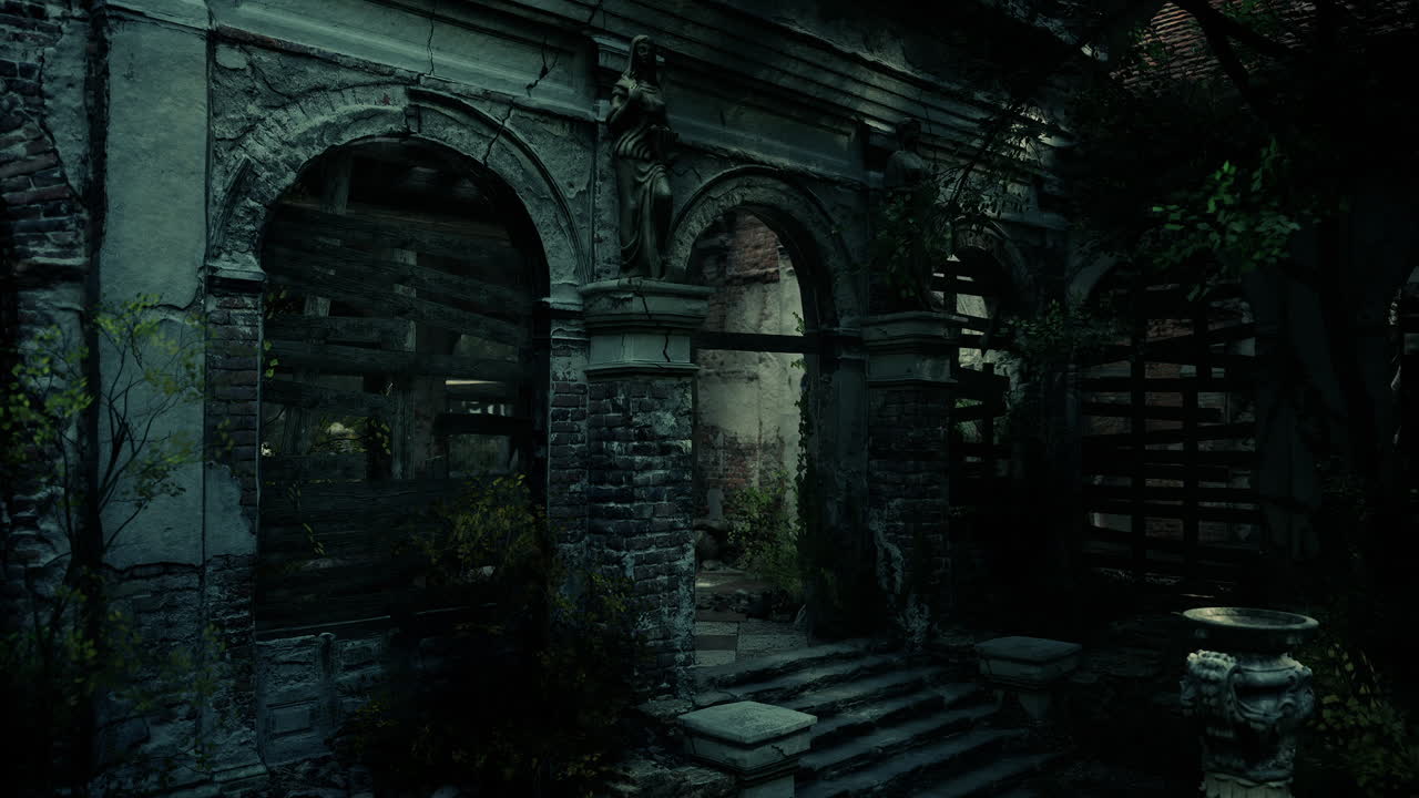 Ruins of an old european mansion surrounded by overgrown vegetation