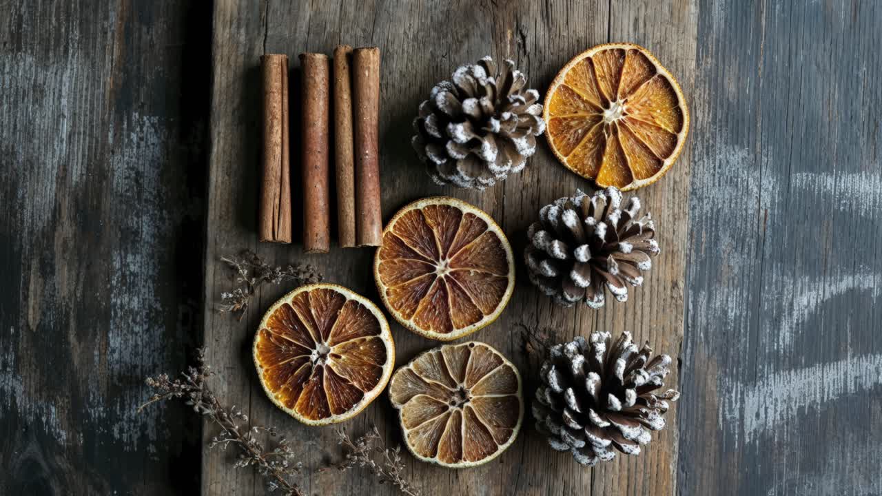 Fatias de Laranja Desidratadas, Paus de Canela e Pinhas em Tábua de Madeira