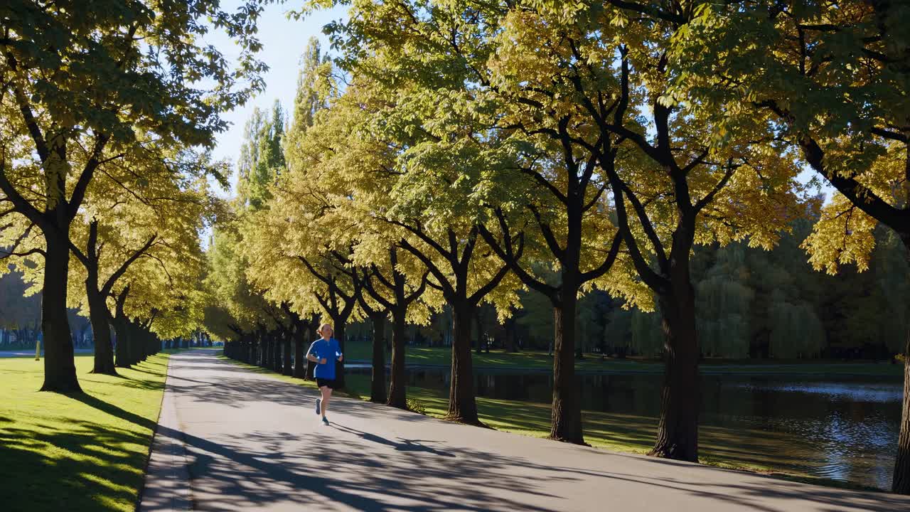 A serene video scene of a person jogging along a tree-lined path beside a river