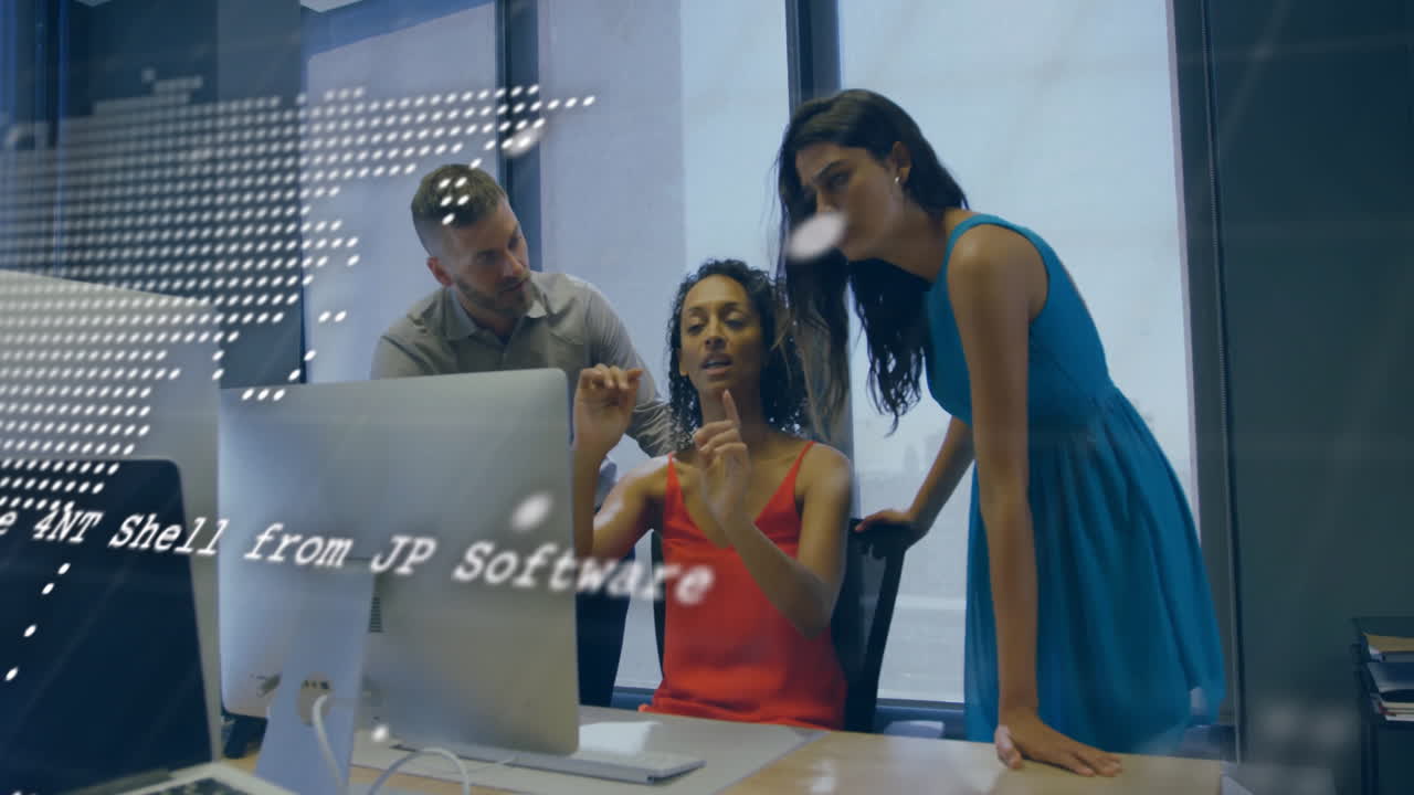 Animation of data processing over diverse business people in office