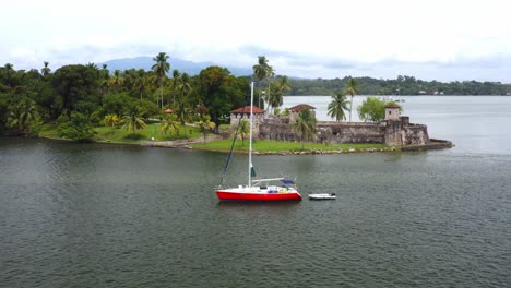 Backdrop-of-Guatemalan-coastline,-vessel-appears-both-elegant-and-powerful