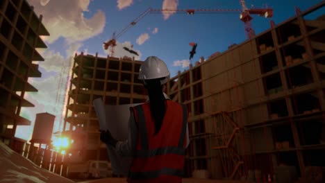 vista trasera de una ingeniera asiática con casco de seguridad mirando el plano en sus manos y mirando a su alrededor mientras está de pie en el sitio de construcción, durante la puesta o el amanecer