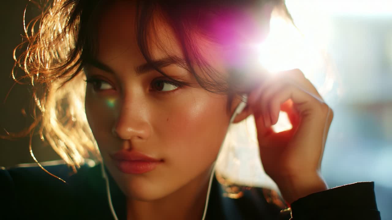 A Captivating Portrait of a Young Woman Listening to Music with Earbuds, Bathed in Warm Natural Light, Capturing a Sense of Reflection and Connection with the World Around Her