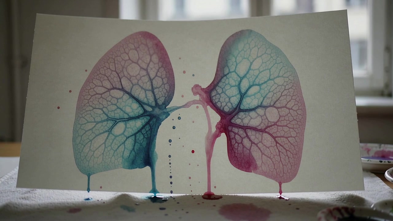 Spreading wet paint on upright watercolor paper forming lung-like veins at studio table