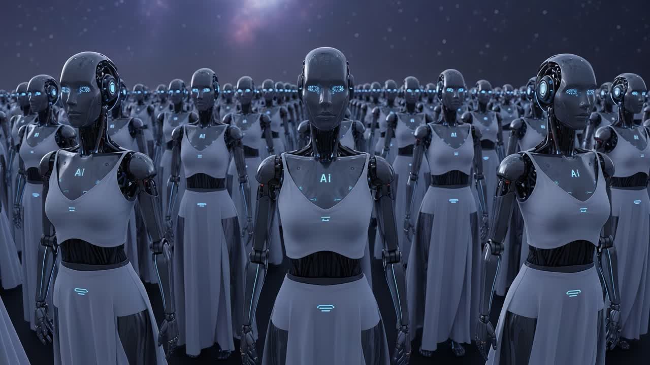 A Compelling Visual of a Thriving Population of Advanced AI Robots in Serene Elegance Under a Celestial Sky, Representing Future Technology and Innovation.