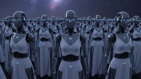 a compelling visual of a thriving population of advanced ai robots in serene elegance under a celestial sky, representing future technology and innovation.