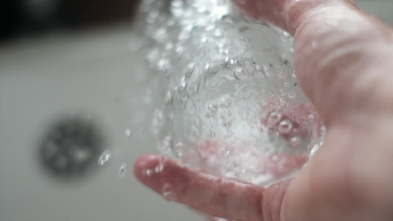 Super Slow Motion Shot of Water Cascading into a Clear Glass. Cinematic Slow Motion of Water Streaming into a Glass