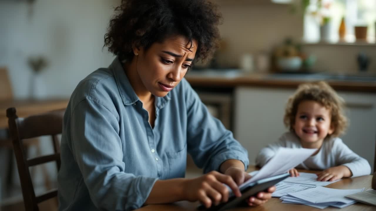 A stressed woman reviews bills and finances at home while her child plays nearby