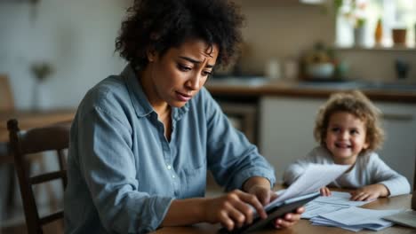a stressed woman reviews bills and finances at home while her child plays nearby