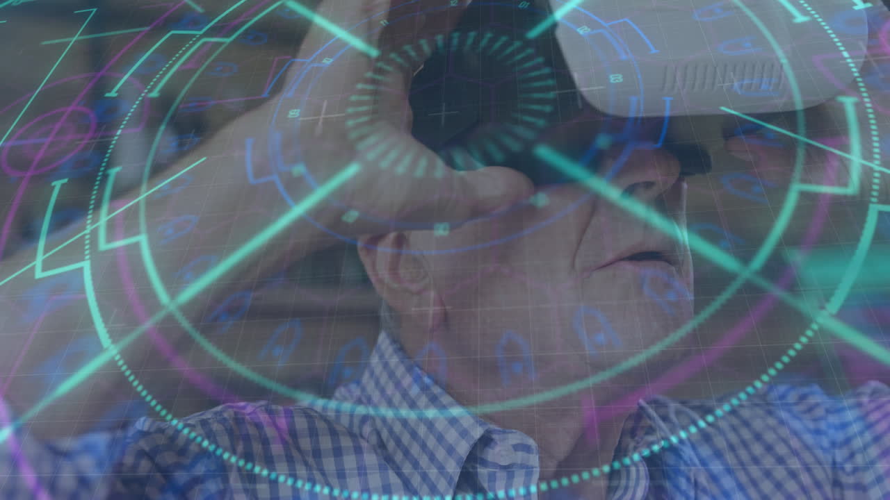animación del procesamiento de datos y el escaneo del alcance sobre el hombre mayor que usa auriculares vr