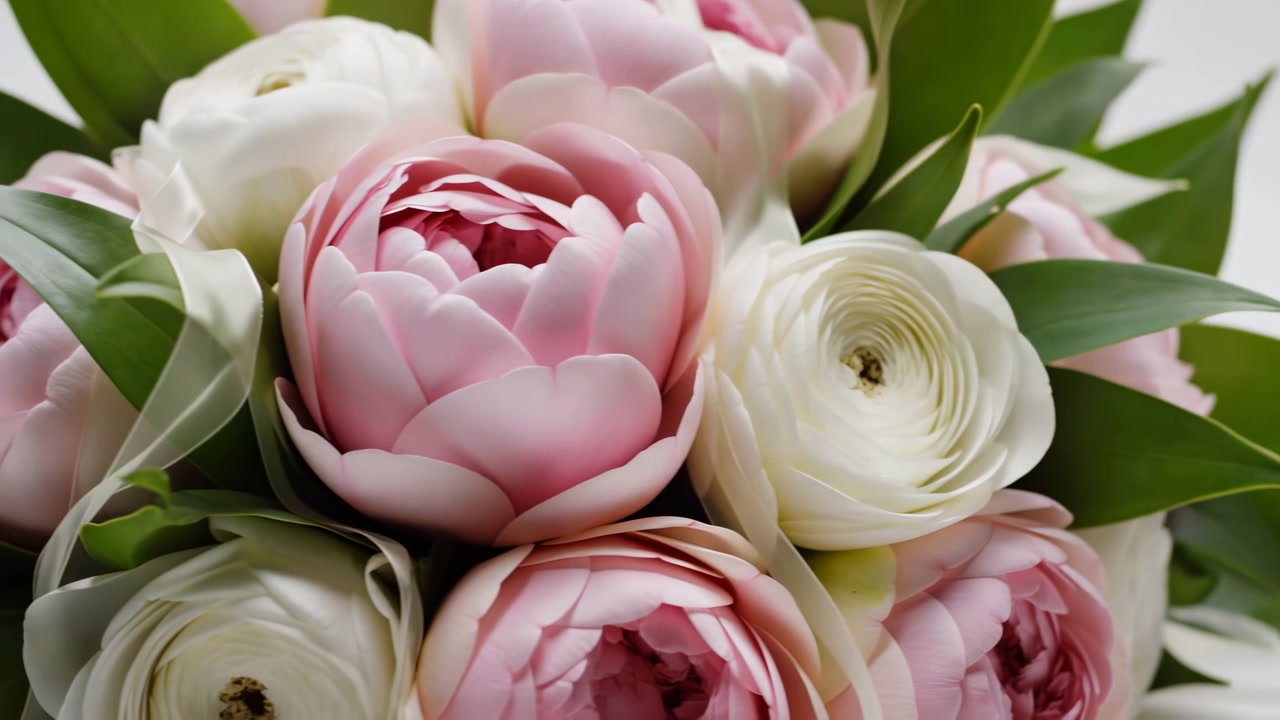Pink peony-like blooms and creamy white ranunculus arranged with glossy green leaves, showing subtle inward settling, petal shifts, fresh botanical texture, soft light, graceful ornamental mood