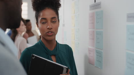 corporate business people meeting using sticky notes brainstorming mixed race team leader woman sharing problem solving strategy on whiteboard working on solution for project deadline