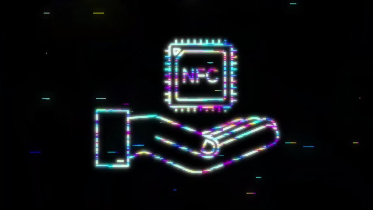 glitch icono del procesador nfc con las manos. chip nfc. comunicación de campo cercano. gráfico de movimiento