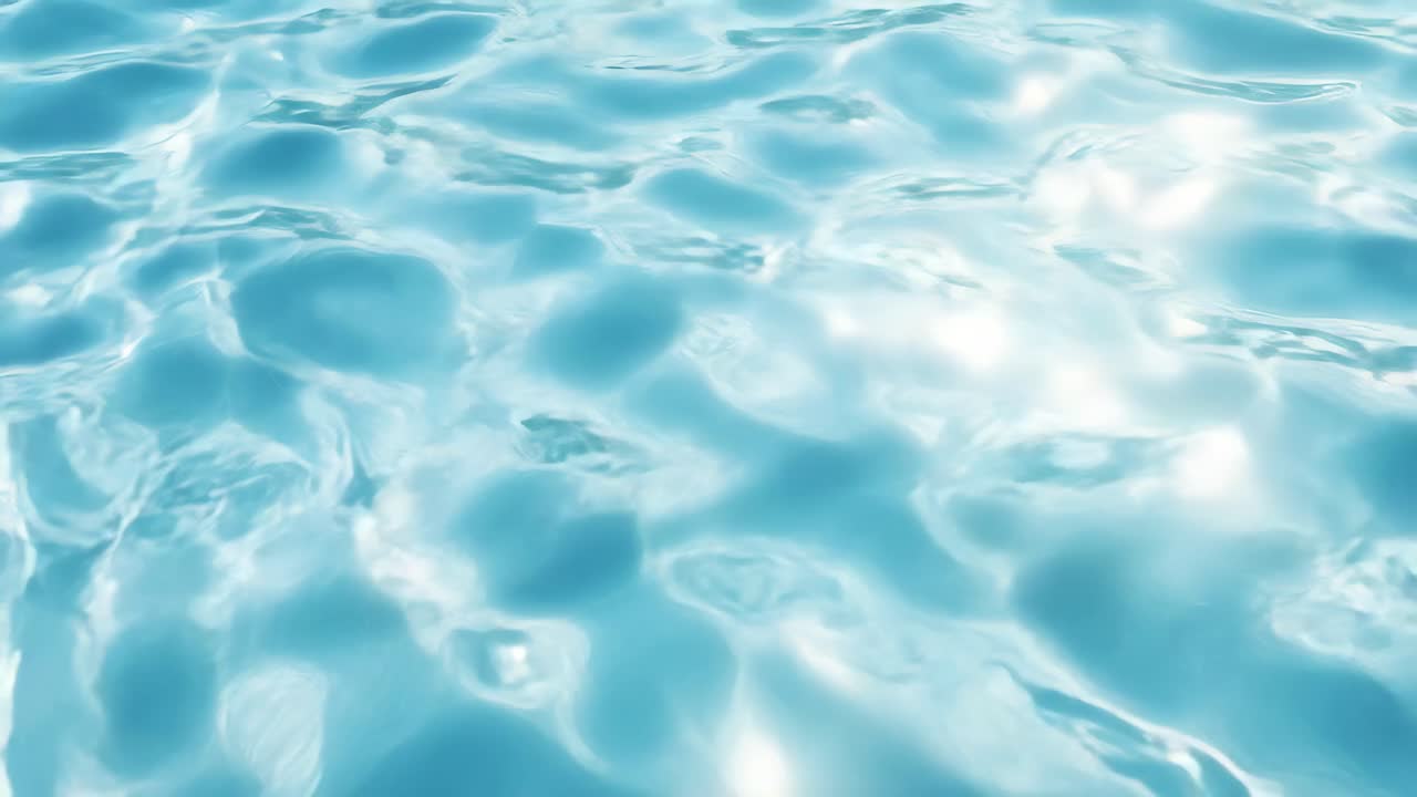 穏やかな水面に柔らかな反射が映る、静かでさざ波立つターコイズブルーの水を捉えた空撮動画。