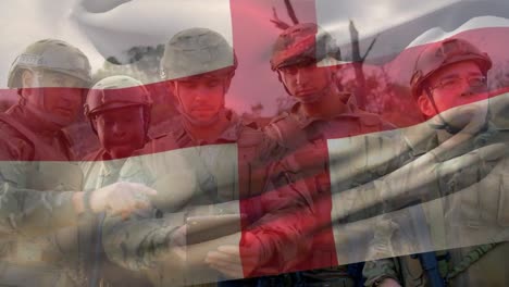 animación de la bandera de inglaterra sobre varios soldados masculinos con armas