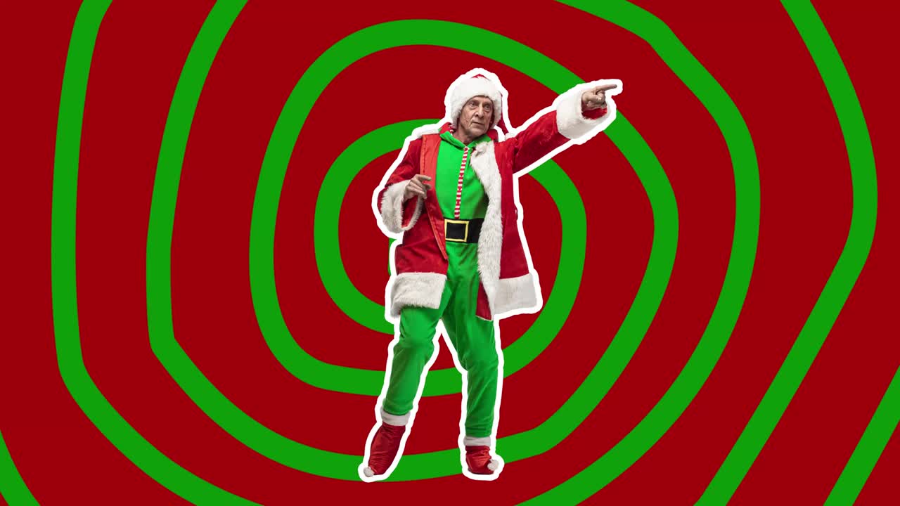 Buon Natale, Anno Nuovo. Design stop motion, animazione artistica. Uomo che balla nei panni di un Babbo Natale "cattivo". Danza alla moda su sfondo rosso. Artcollage 4k luminoso, divertente, moderno, concettuale, contemporaneo. Concetto di festa.