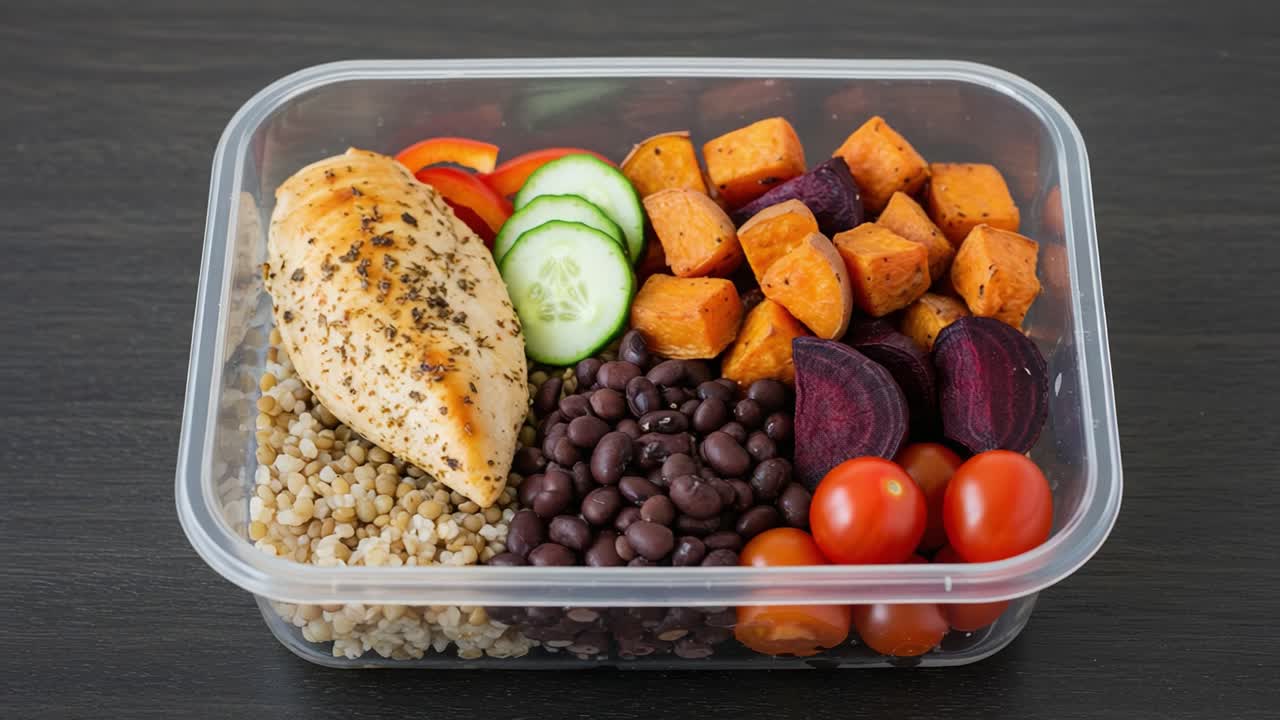 Healthy Meal Prep Container Featuring Grilled Chicken, Quinoa, Black Beans, Sweet Potatoes, Cucumber, Cherry Tomatoes, and Red Bell Peppers for Nutritious Eating