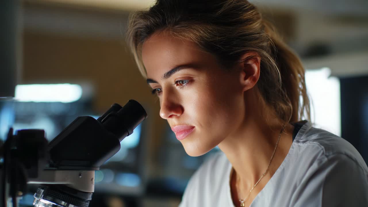 Focused Researcher Examining Samples Under Microscope in Modern Laboratory Setting, Illuminated with Soft Light; Depicting Dedication and Precision in Scientific Exploration and Analysis