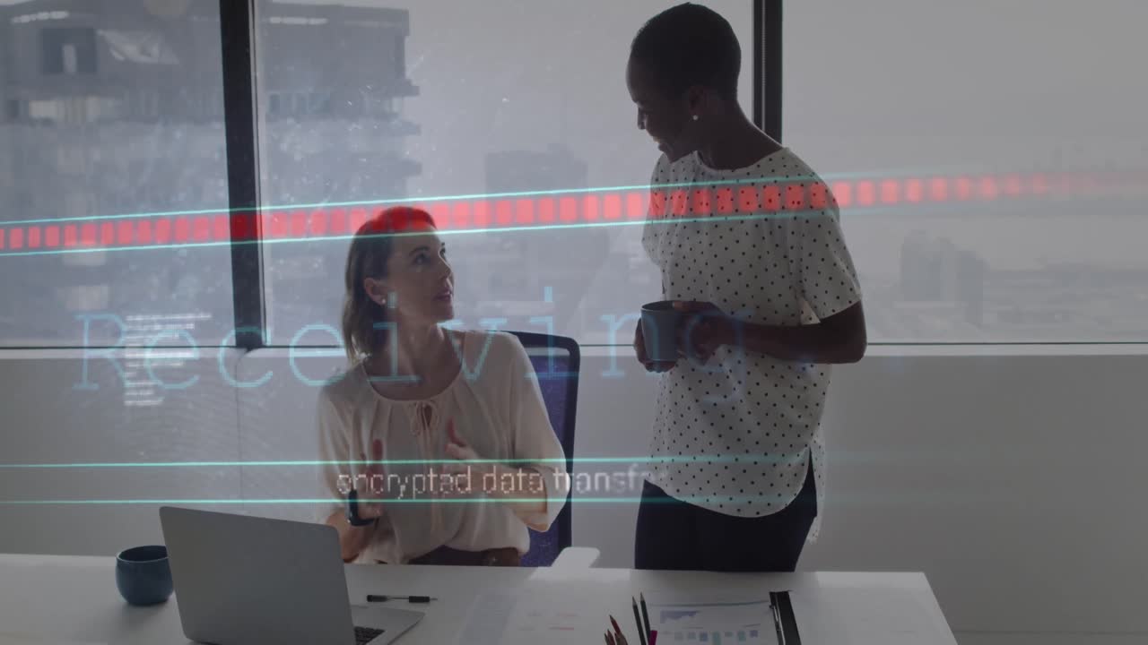 Animation of receiving and data processing over diverse female coworkers in office