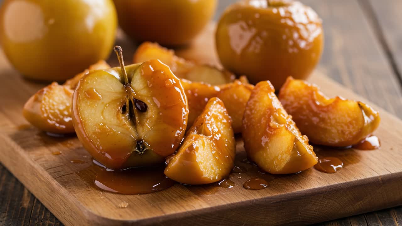 Delicious Caramel Apples on a Wooden Board