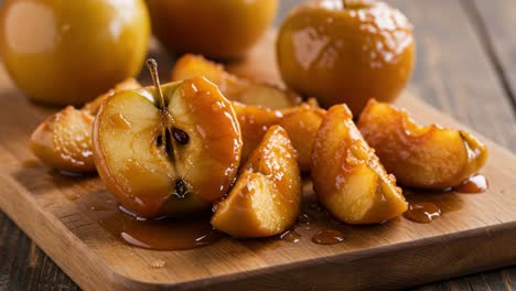 delicious caramel apples on a wooden board