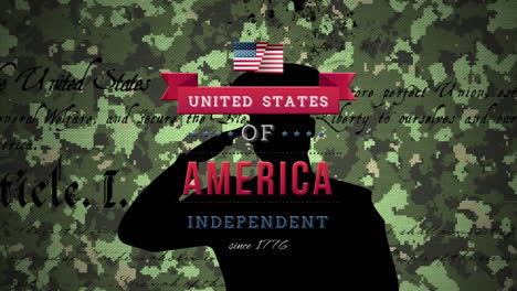 american constitution script and independence day text over silhouette of solider against camouflage