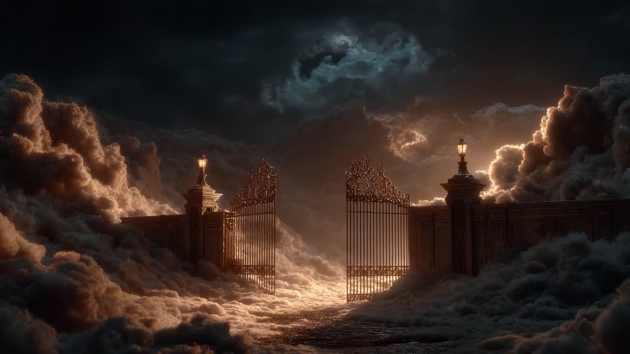 A Mystical Gateway Emerges from Billowing Clouds, Illuminated by Eerie Glows Amidst a Dramatic Sky, Creating an Enigmatic Atmosphere of Wonder and Intrigue