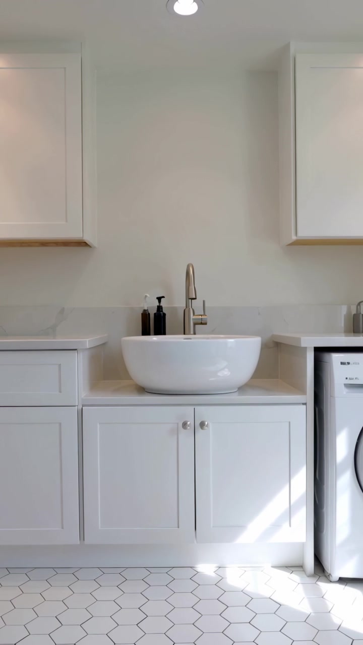 Vertical video: Panning camera revealing vanity with sink and pumps in home laundry showing washer