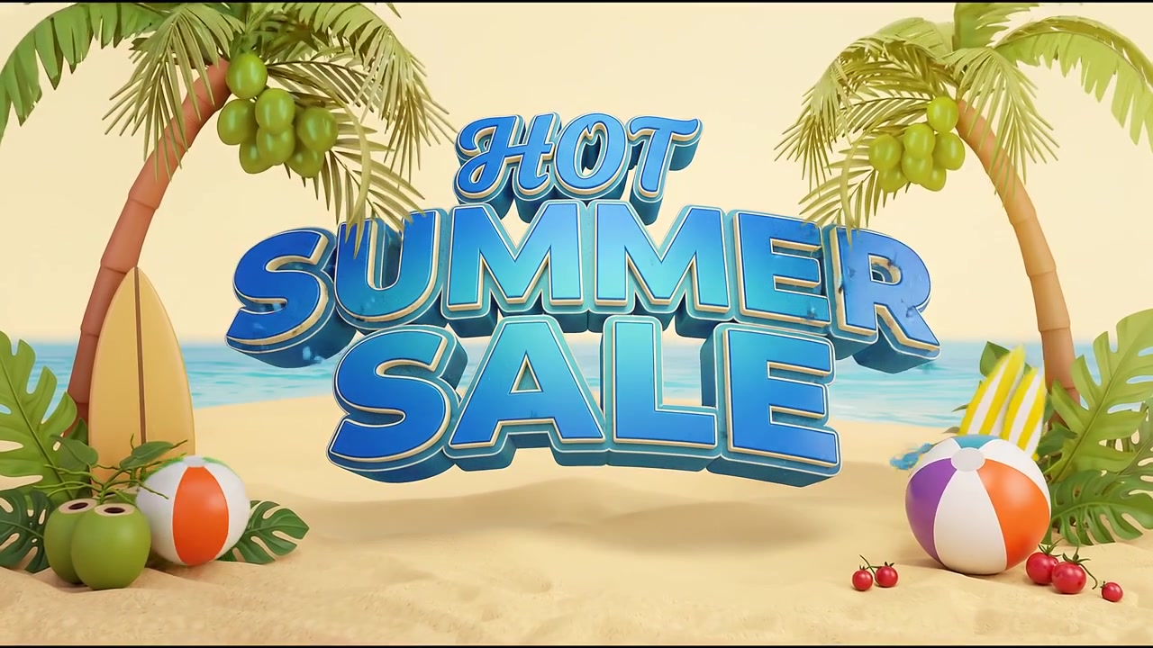 Stort Sommerudsalg Kampagnebanner Animation med Metallisk Blå Typografi på Tropisk Strandbaggrund