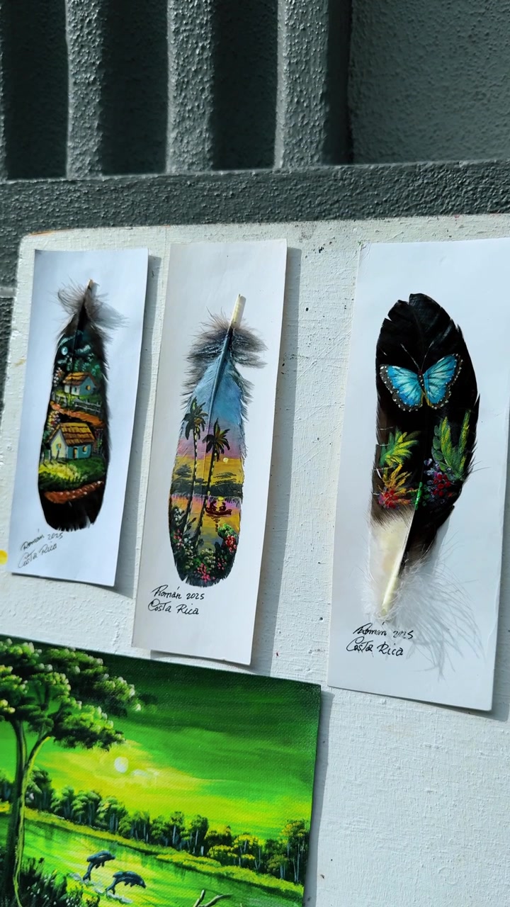 San Jose, Kosta Rika, 1 Agustus 2025: Bulu yang dilukis tangan dengan pemandangan tropis dan karya seni kupu-kupu.