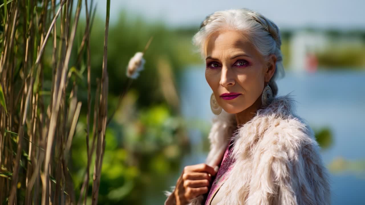 Elegante donna anziana con capelli argentati e trucco rosa che posa vicino all'acqua circondata da canne, catturando una bellezza senza tempo in un ambiente naturale