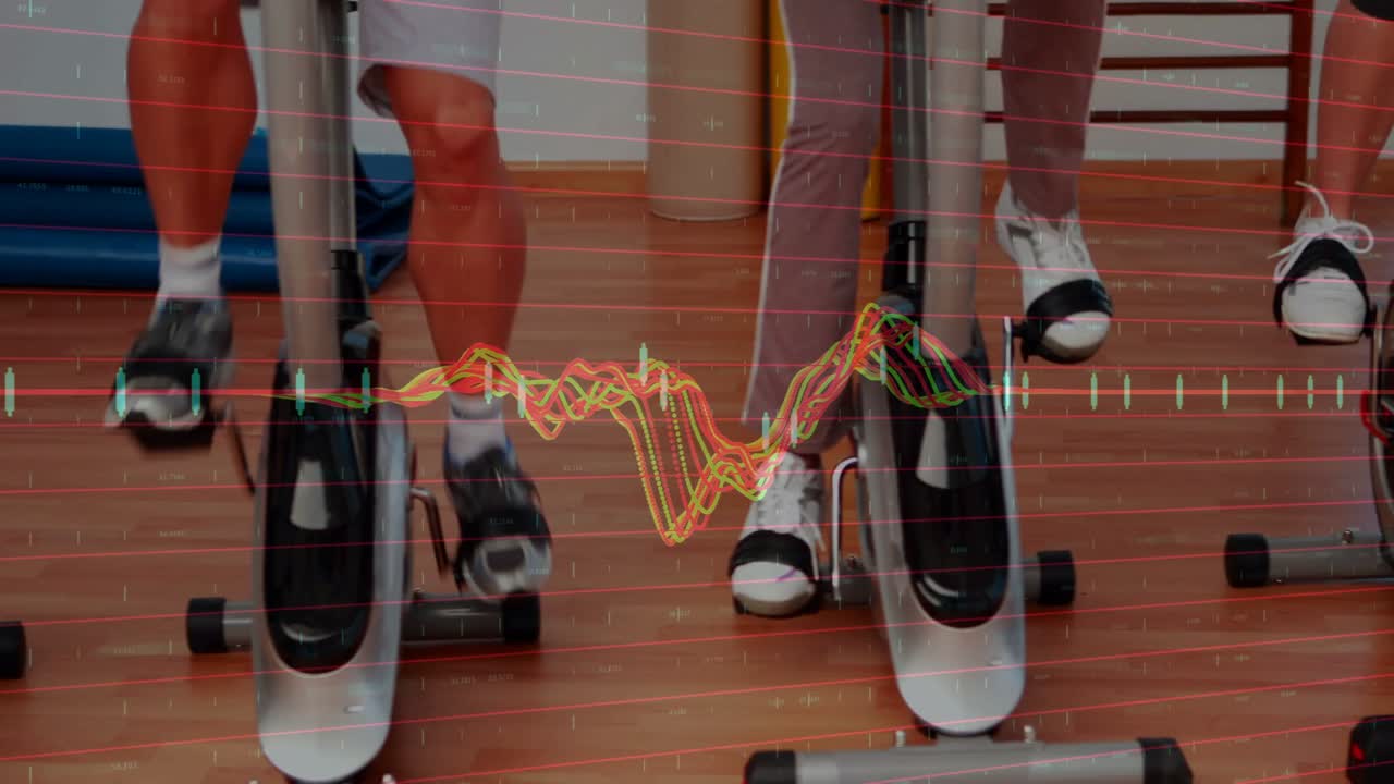 Vertical video: Three riders hitting pedals, waveform tracking cadence mirroring power for fitness