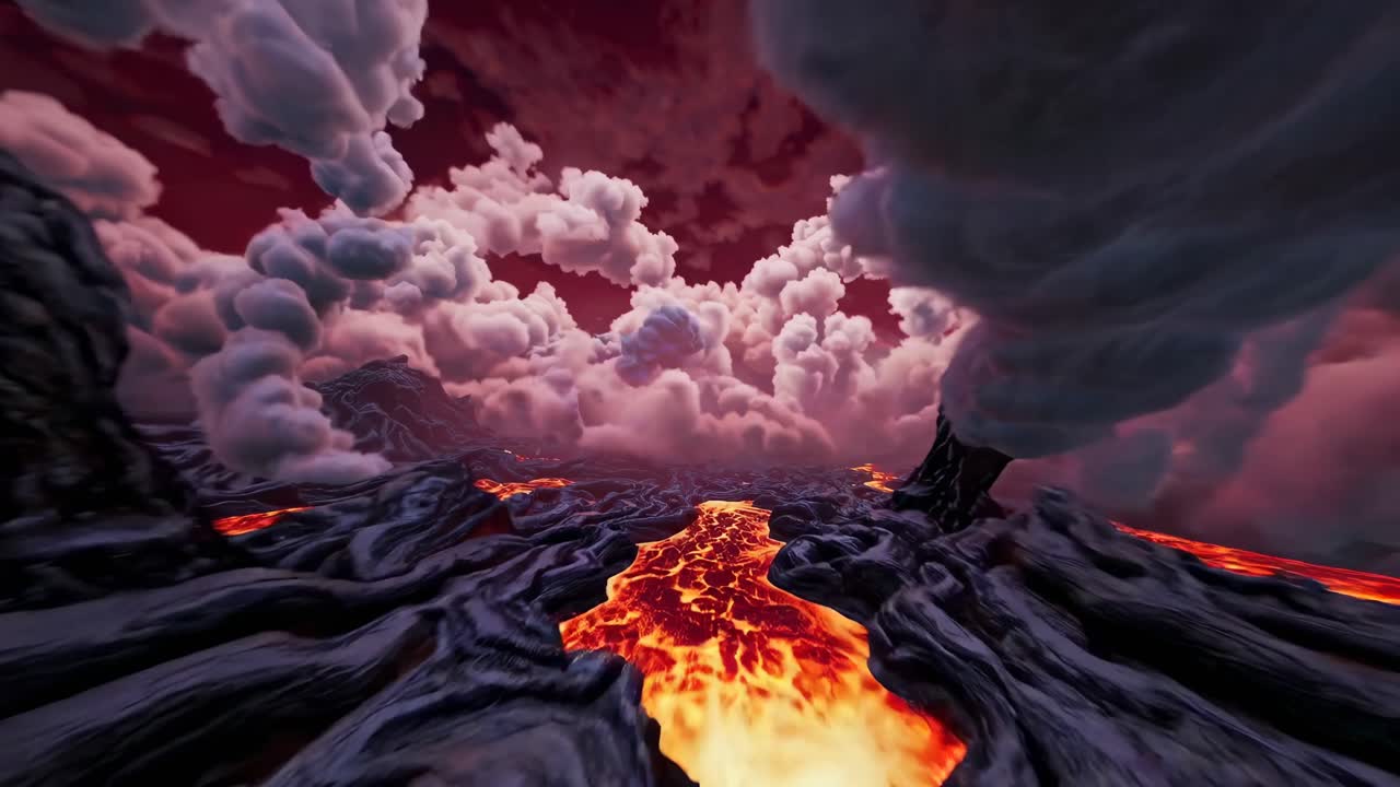Aerial view of a surreal volcanic landscape with flowing lava and dramatic clouds