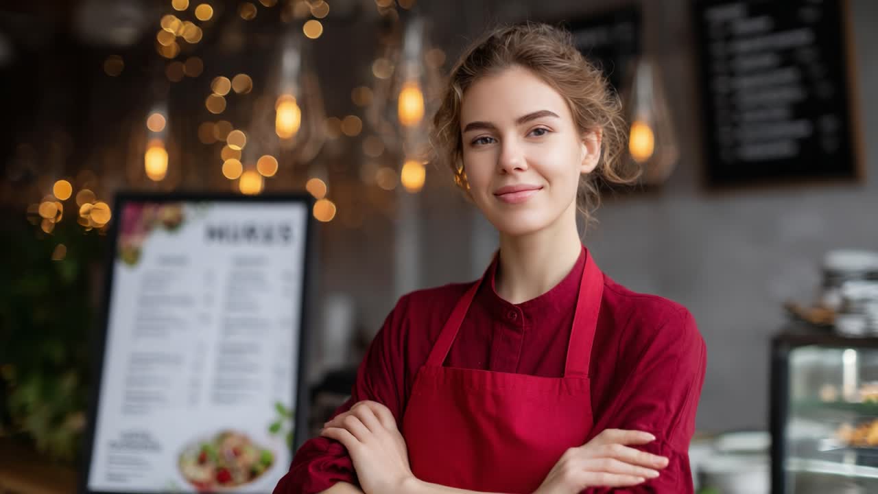 A Confident Barista in a Cozy Cafe Setting Showcasing Her Passion for Coffee and Culinary Delights with a Warm Smile and Inviting Atmosphere