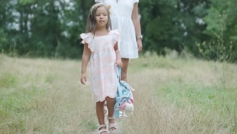 a pregnant woman and her young daughter, both dressed in white, walk hand-in-hand through a grassy park. the scene captures a serene moment of family bonding in nature, surrounded by trees.